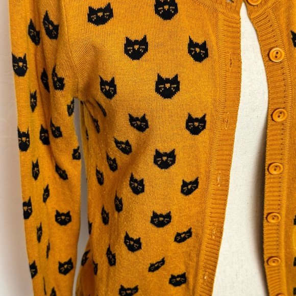Yemak Black Cat Patterned mustard Yellow cardigan Sweater 3/4 sleeve size S - Picture 7 of 13